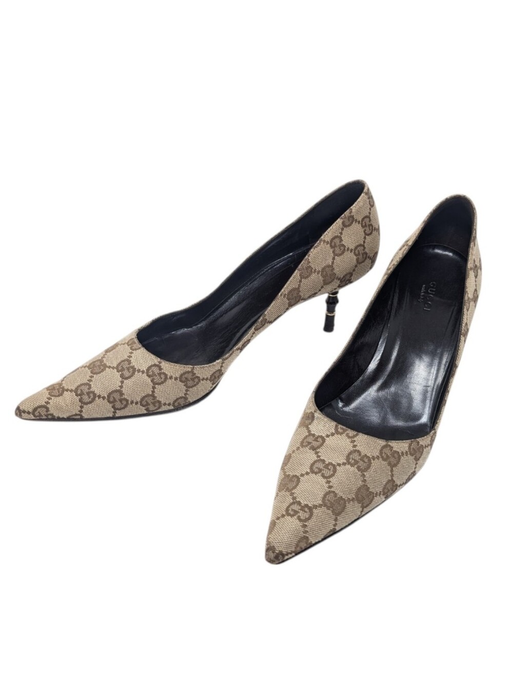 Gucci Monogram Canvas Pointed Bamboo Kitten Heel Pump Size 10.5